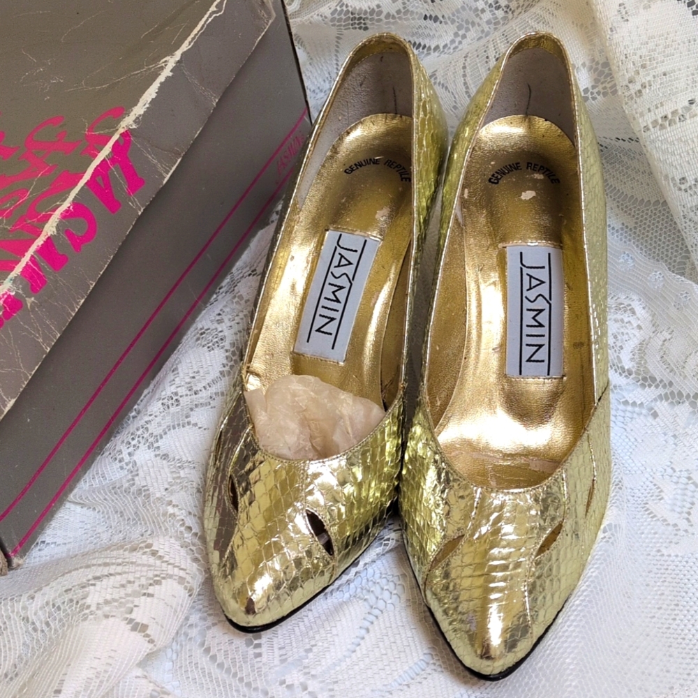 Vintage Jasmin 70s Gold Foil Reptile Disco Shoes Heels Original Box UNWORN SZ 7B